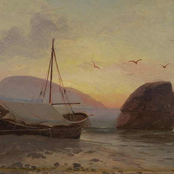Михаил АЛИСОВ, Лодка на берегу. Вид на Аю-Даг, 1894